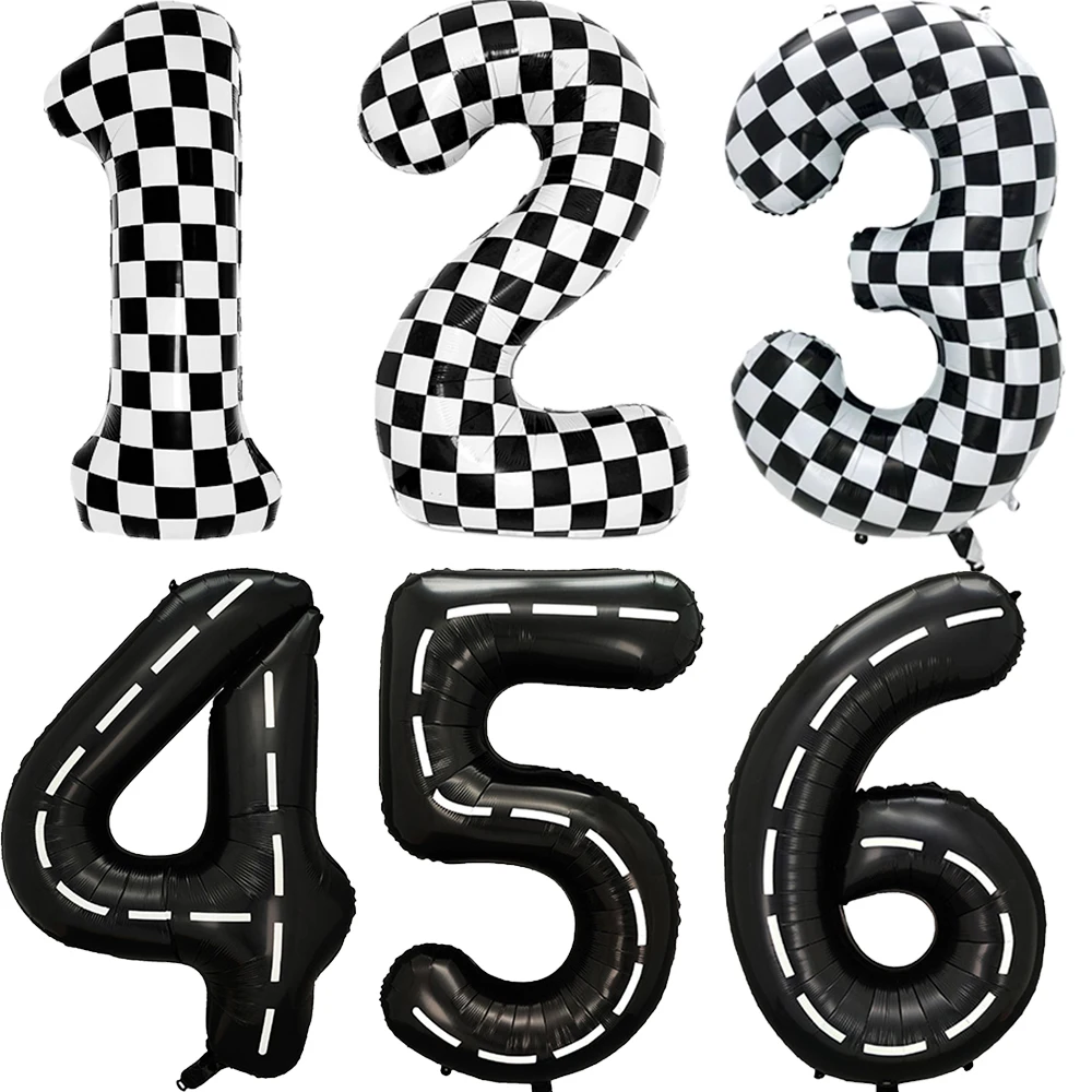 40 Zoll Rennwagen Foliennummer Ballon LKW Rennstrecke Ballon Schwarz Weiß Muster Rennwagen Thema Geburtstag Party Supplies Bevorzugung Image
