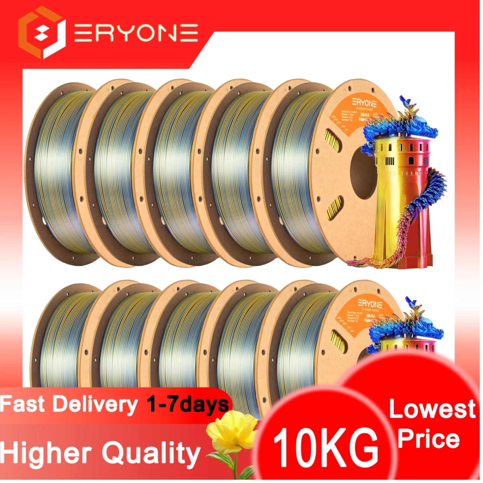 NEU ERYONE 1KG/3KG/10KG Aktion Dreifarbiges Seiden-PLA-Filament für 3D-Druck 1,75mm Filament Hohe Qualität Kostenloser Schnellversand Image