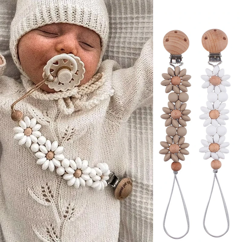 Daisy Bebe Silikon-Schnullerclip-Halter, Holz-Schnullerclip, Kette, Schnullerclip für Babys, Mädchen, Jungen, Neugeborene, kaubarer Beißring Image