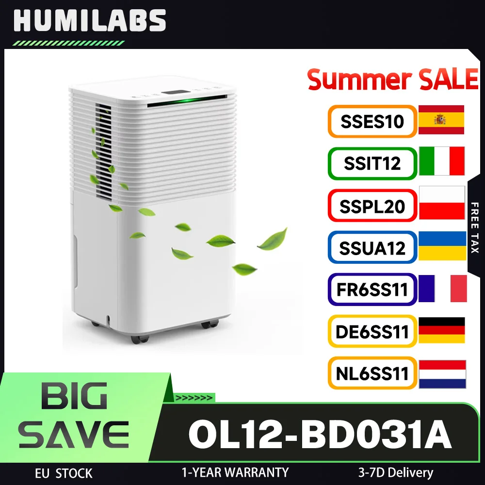 HUMILABS OL12-BD031A Tragbarer Luftentfeuchter, 12 l Entfeuchtungskapazität, automatische/manuelle Entwässerung, 24-Stunden-Timer, geräuscharm, 3 Modi Image
