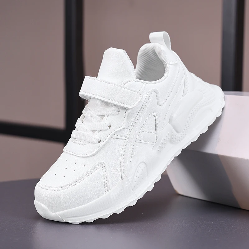 Weiße Kinder-Freizeitschuhe aus Leder für Jungen und Mädchen, Outdoor-Sport, Laufschuhe, atmungsaktiv, für Kinder, Schule, Wandern, rutschfest, Tennis Image