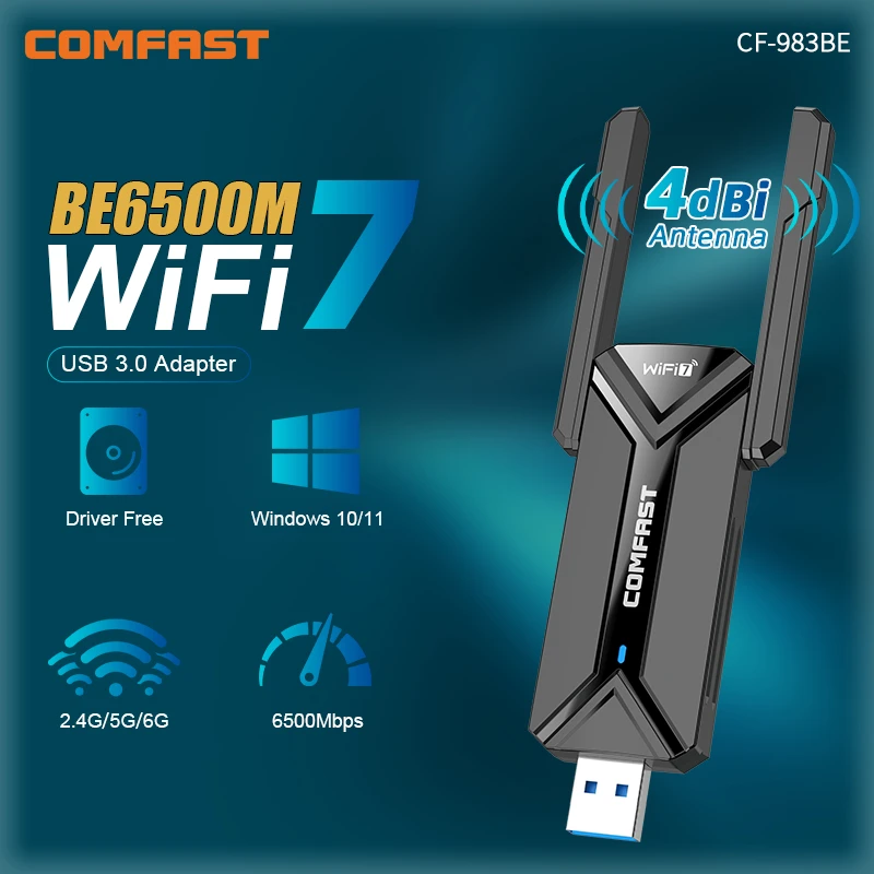 Comfast WiFi7 Tri-Band USB WIFI Adapter 6500 Mbit/s 2,4/5/6 GHz 2*4 dbi Antennen Drahtlose Netzwerkkarte USB3.0 Laufwerksfrei Win10/11 Image