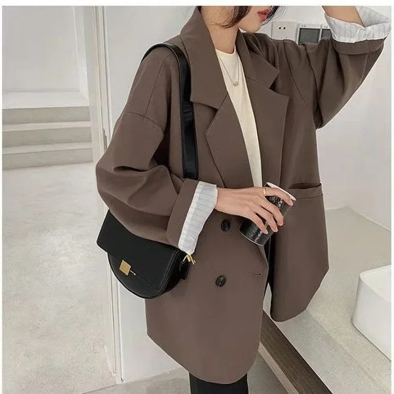 Vintage Braun Blazer Frauen Elegante Offizielle Damen Herbst Mode Langarm Übergroßen Chic Casual Jacke Allgleiches Mantel