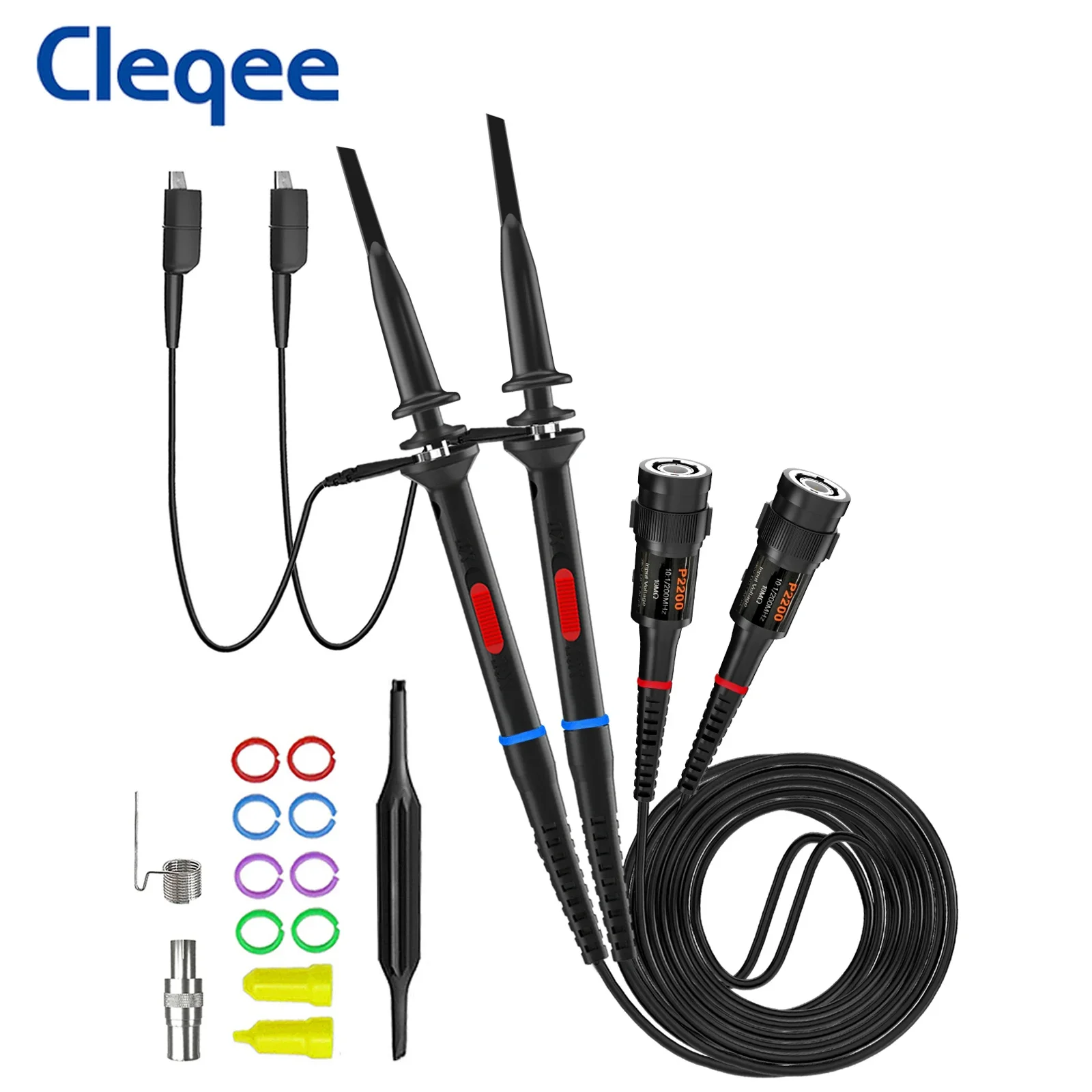 Cleqee P2200 2 Stück 200 MHz Oszilloskop-Tastkopf X1/X10 Sicheres BNC-Messleitungsklemmen-Set 10:1 Sonde Image