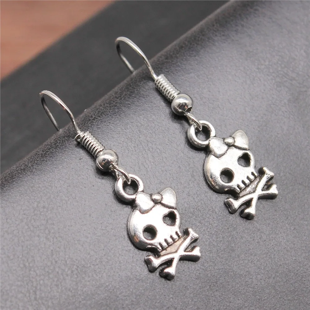 Mode Handgemachte Einfache Design Antike Silber Farbe Bogen Schädel Anhänger Ohrringe Frauen Vintage Tropfen Ohrringe