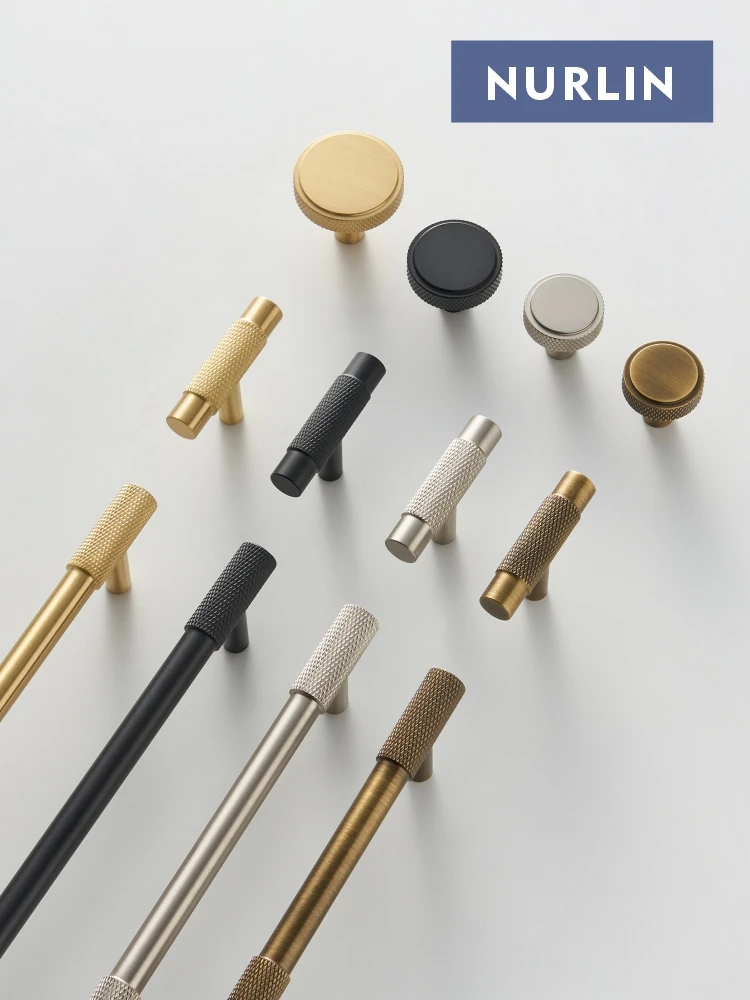 Nurlin gerändelte Schrankknöpfe aus massivem Messing, Kleiderschrankgriff, T-Stange, Antik-Bronze-Gold-Schwarz-Griff, erhältlich in mehreren Größen