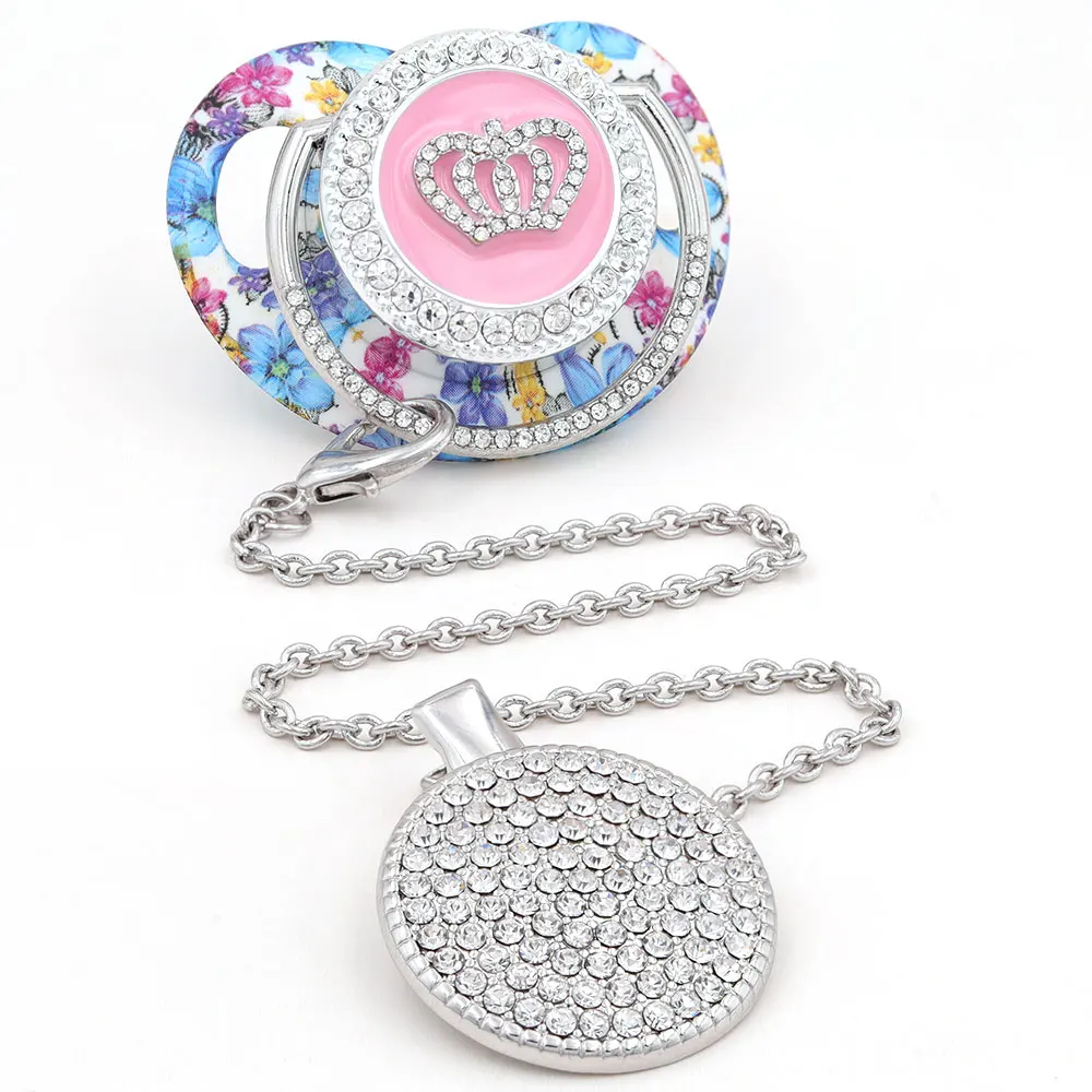 Schnuller Clip Silber Corwn Schnuller Perlen Personalisierte Bling Schnuller Infant Nippel Halter chupetes de lujo Image