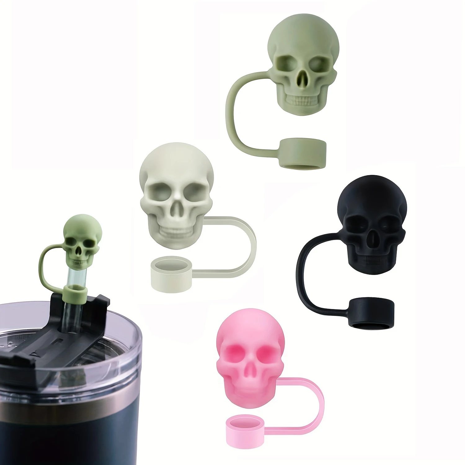 Schädel-Strohhalm-Abdeckkappe für Tasse, wiederverwendbar, 10 mm Silikon-Strohhalm-Topper, kompatibel mit 30 und 40 Unzen Tumbler mit Griff, Tipps, Deckel Image