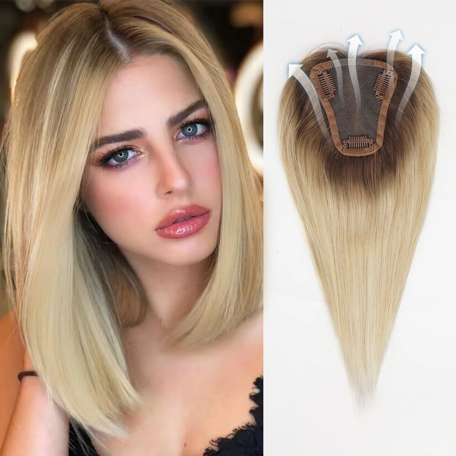 100% Echthaar Topper blonde dunkle Wurzel Remy Echthaar Topper Clips in Haar teilen für Frauen Topper Seiden basis 12 Zoll täglich Image