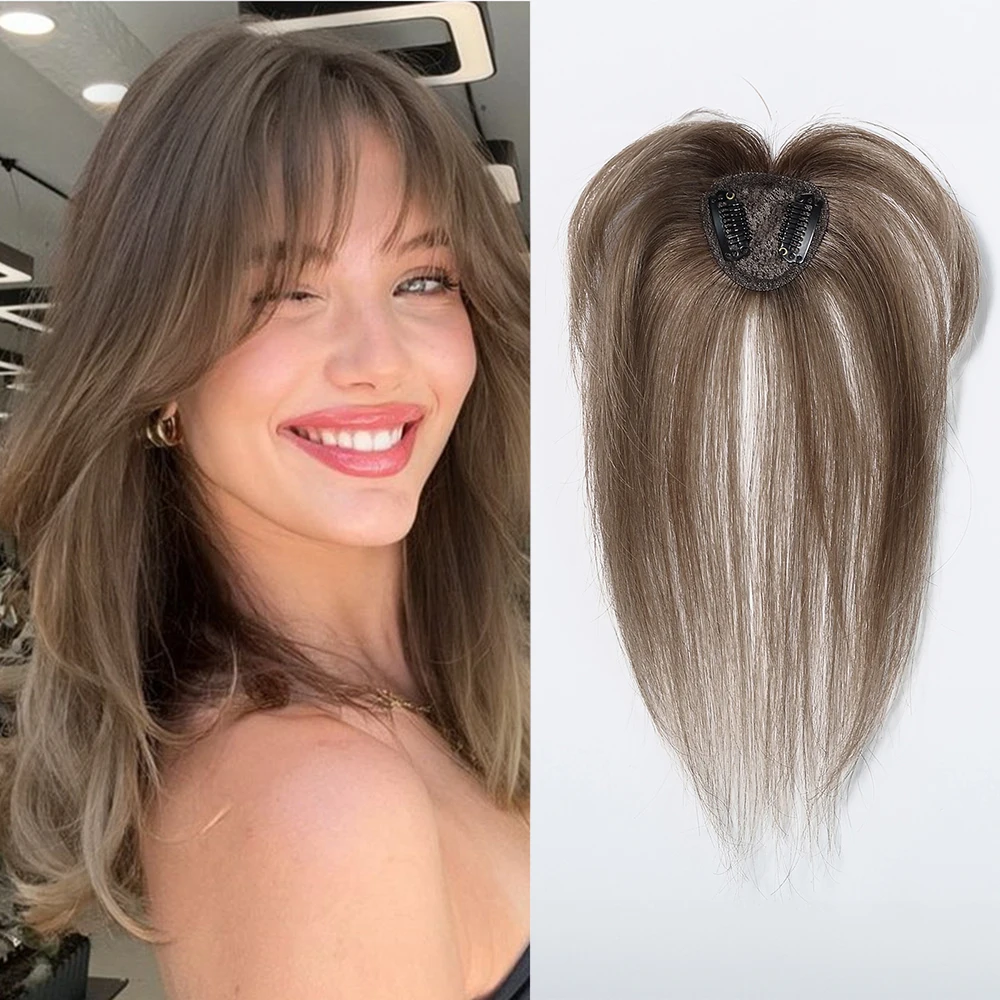 100 % Remy-Echthaar-Topper mit Pony, hellbraune Haarteile, 3D-Wispy-Pony für Frauen, dünnes Haar, Echthaar-Topper zum Anklipsen Image