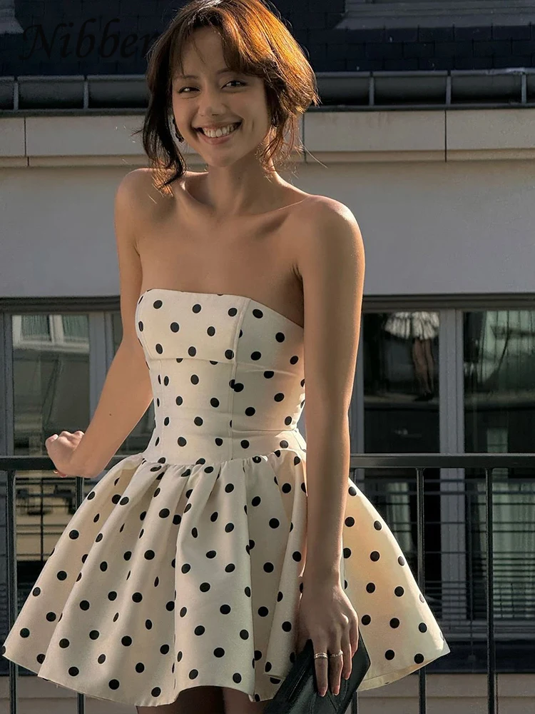 Nibber Dots Print Kleid für Damen, Brustwickel, rückenfrei, Schleife, Applikation, Rüschen, lockerer Saum, 2029, Y2k-Trend, Streetwear, schick, Mini, figurbetont Image
