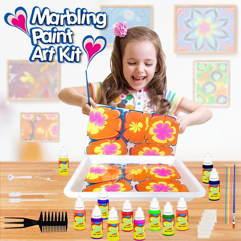 Marmor-Malset für Kinder, Kunsthandwerk, Farbset auf Wasser, Wassermarmorier-Farbset, ideale Geschenke für Mädchen und Jungen im Alter von 4–16 Jahren Image