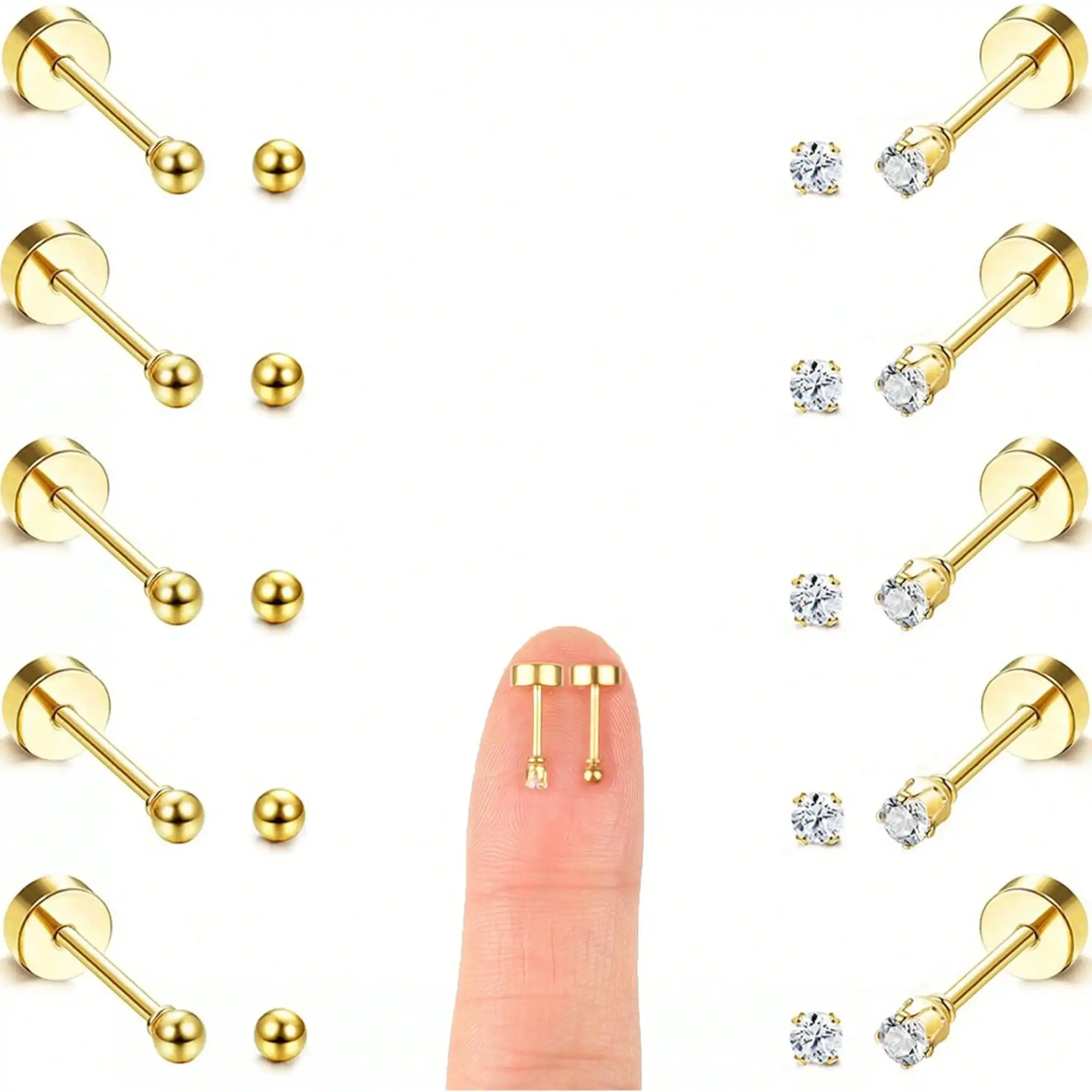 10 Paar 2 mm kleine goldene Ohrstecker mit flacher Rückseite für Damen und Herren, hypoallergener chirurgischer Stahl, CZ-Kugel, kleine Ohrstecker-Set