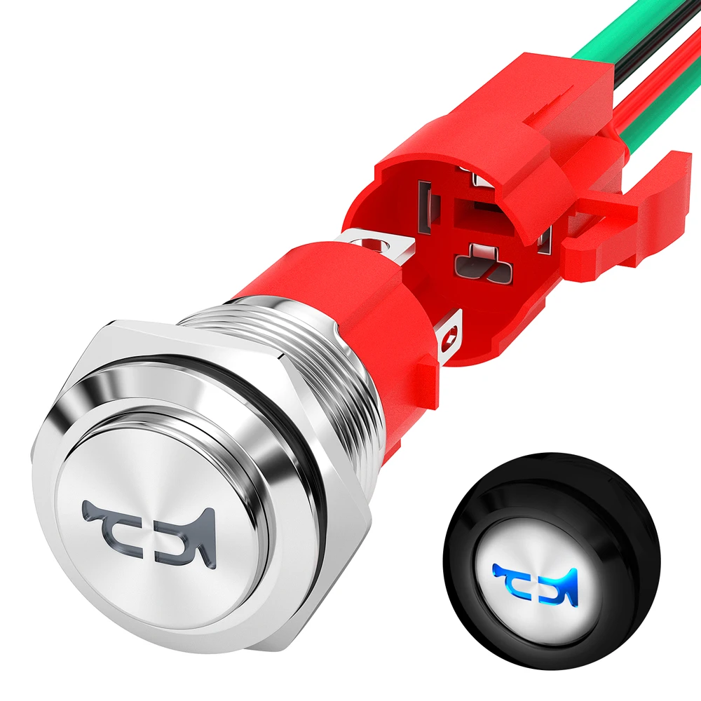 DaierTek Hupenknopf, 12 V, 20 A, robust, 16 mm, Metall-Hupenschalter, Lautsprecher, blaue LED, Edelstahl, momentaner Drucktastenschalter Image