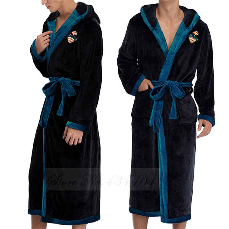 Winter Lange Korallen Fleece Mit Kapuze Robe männer Flanell Hause Kleidung Kimono Bademantel Kleid Verdicken Lose Beiläufige Nachtwäsche Lounge Tragen Image