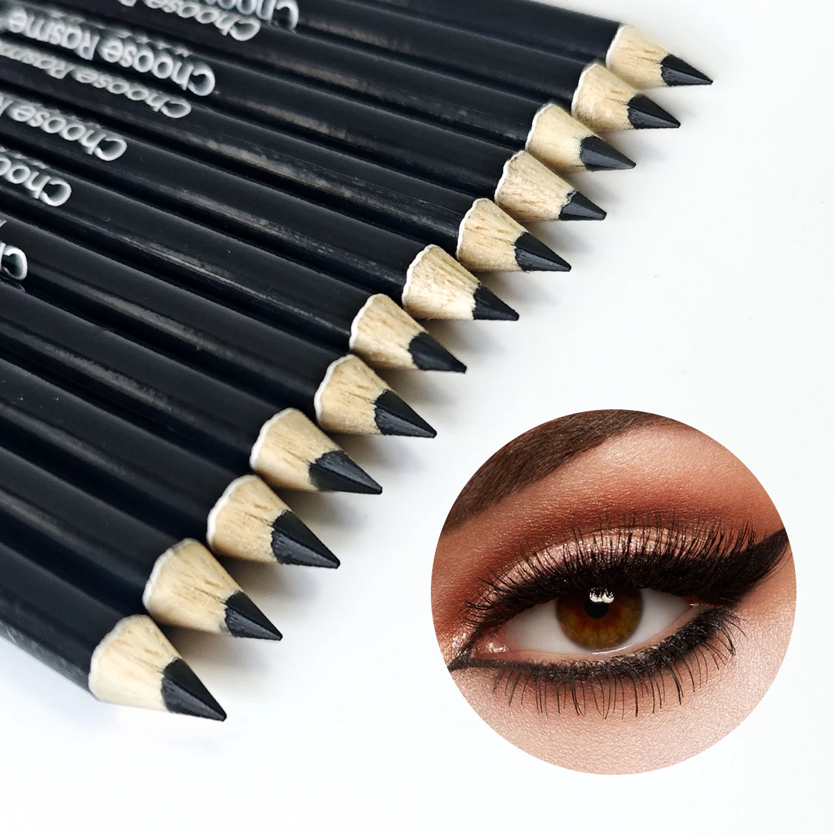 12 Stück schwarzer Eyeliner-Stift, Holzstabstift, einfarbiger schwarzer Haken-Eyeliner mit verschiedenen Make-up, Eyeliner, Make-up Image