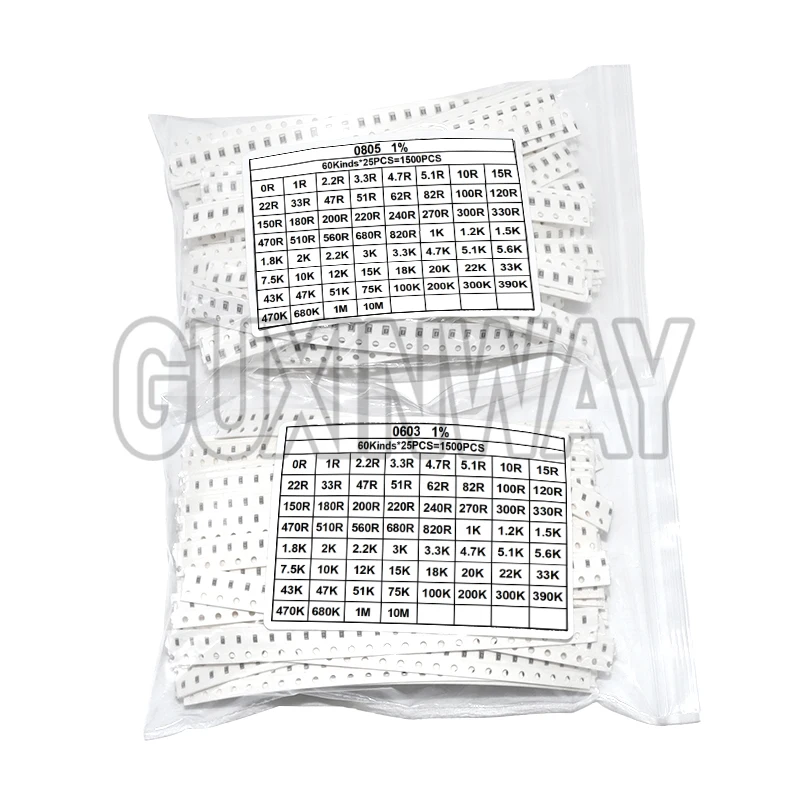 SMD 0603 0805 1500 Stück/Set Widerstände, sortiertes Set (60 Werte x 25 Stück), 0R-10M Ohm, 1 % hochpräzises Film-Chip-Widerstandsset Image