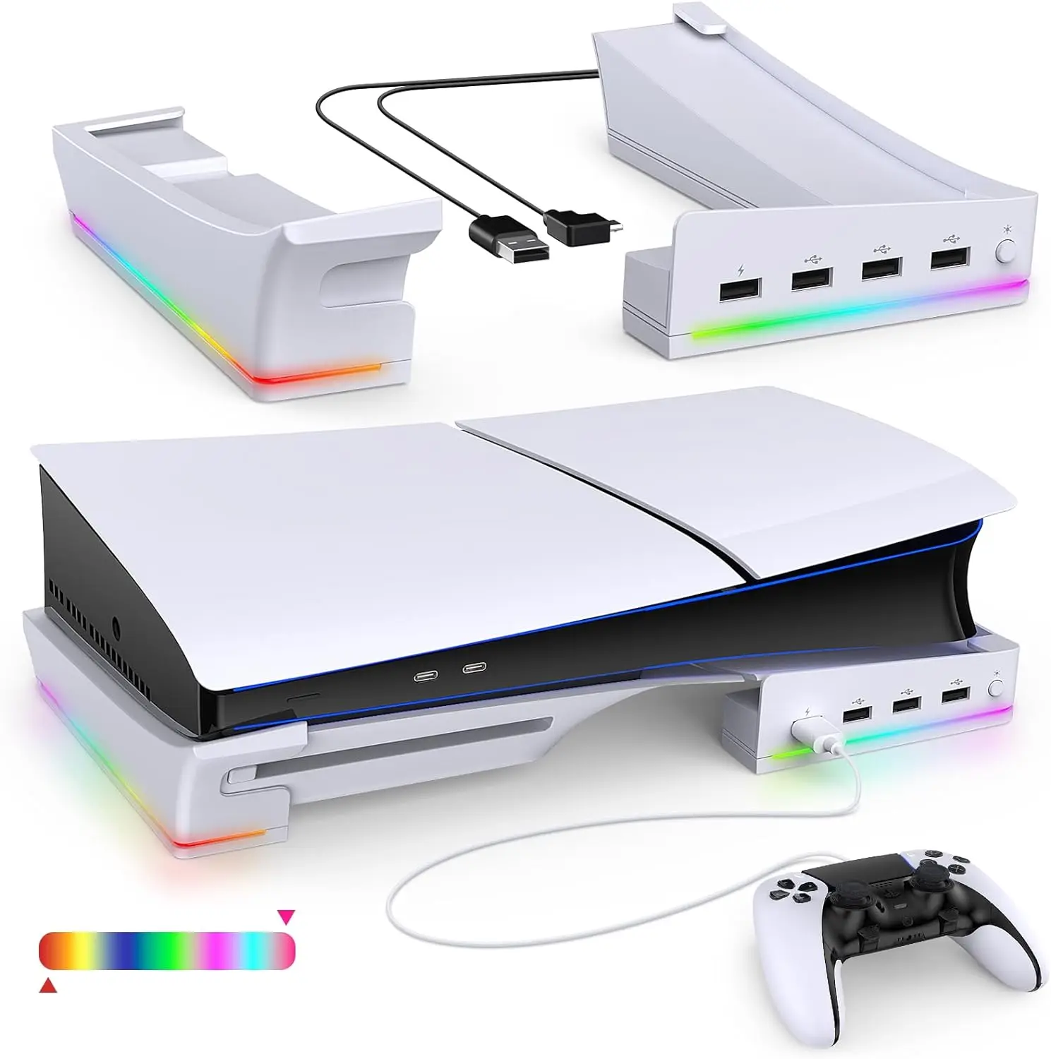 Horizontaler IPEGA-Ständer mit RGB-LED-Licht für P5 Slim und P5 Pro, Konsolenzubehör mit 14 Lichtmodi und 4-Port-USB-Anschlüssen Image