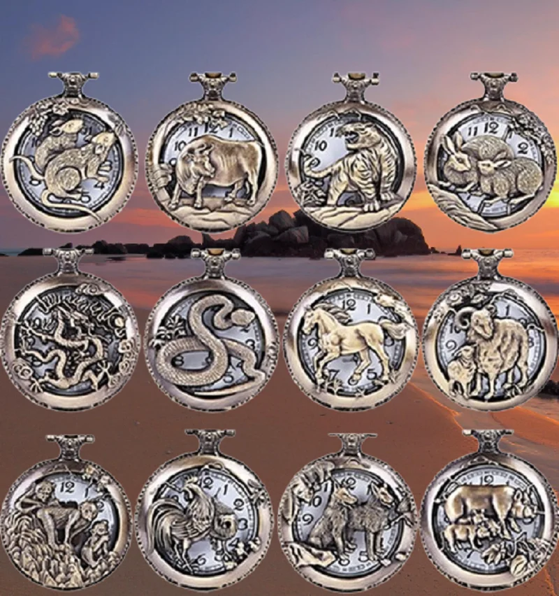 Zwölf chinesische Tierkreis hohle Taschenuhren Flip-Stil Taschenuhr und Schlüssel bund Anhänger Geschenke Uhr Geschenk Bronze Kette Halskette Image