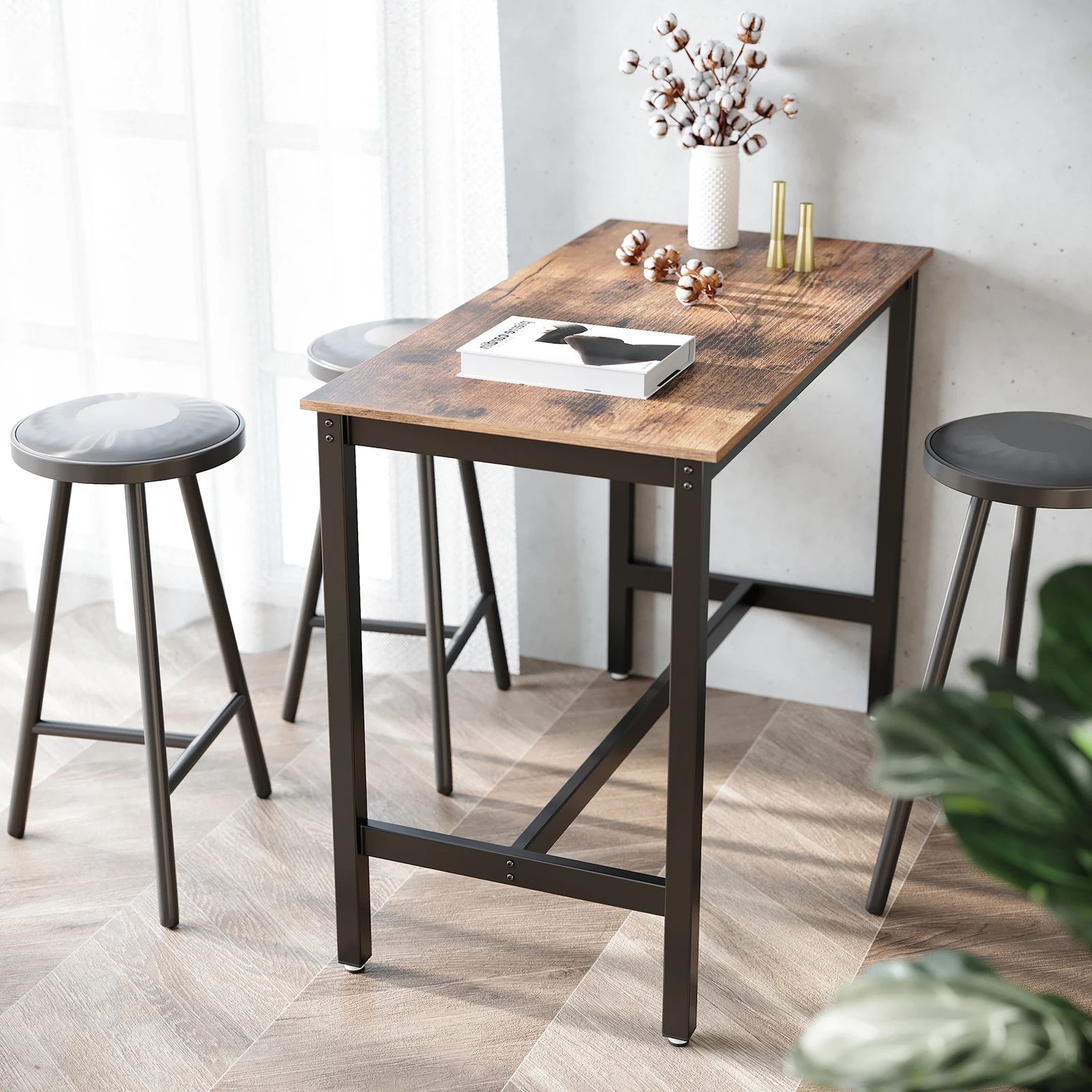 VASAGLE Bartisch Metall, Stabiler Stehtisch Tisch,für Cocktails, einfache Montage, Holzoptik, Küchentisch Vintage