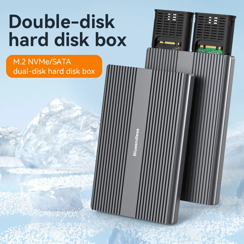 Blueendless Dual Bay M2 SSD-Gehäuse Typ C USB3.2 Gen2 10 Gbit/s M.2 SATA NGFF Dual-Protokoll PCIE NVME SSD-Gehäuse aus Aluminiumlegierung Image