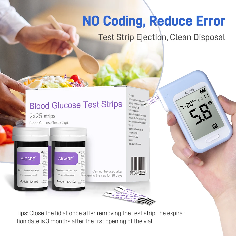 Aicare A606 Blutzuckermessgerät, Glucometer-Set, Diabetes-Test, medizinisches Blutzuckermessgerät oder nur Teststreifen, Lanzetten Image