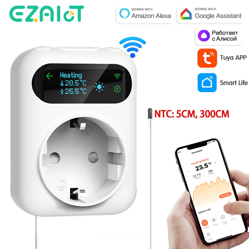 WiFi Tuya Steckdose Thermostat Stecker 220V Digitaler Temperaturregler Fernbedienung Zeitschaltuhr Kühlung Heizung Outlet Alexa Google Image