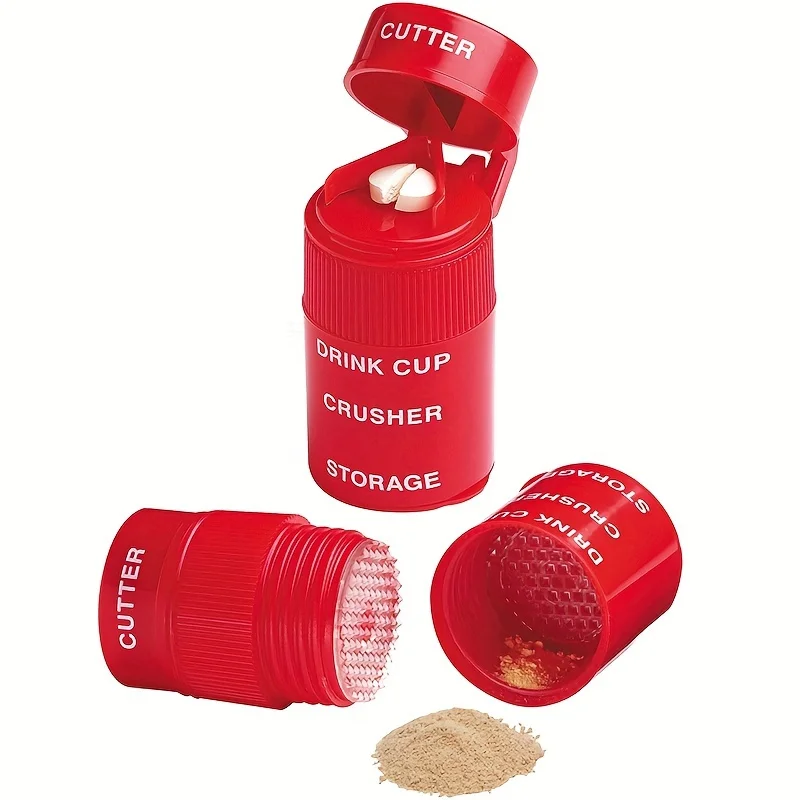 1 Stück 2 IN1 Pillenbrecher, kreativer Schneider und Mühle für Pillen, Vitamine, Tabletten, Edelstahlklinge, abnehmbarer Trinkbecher Image