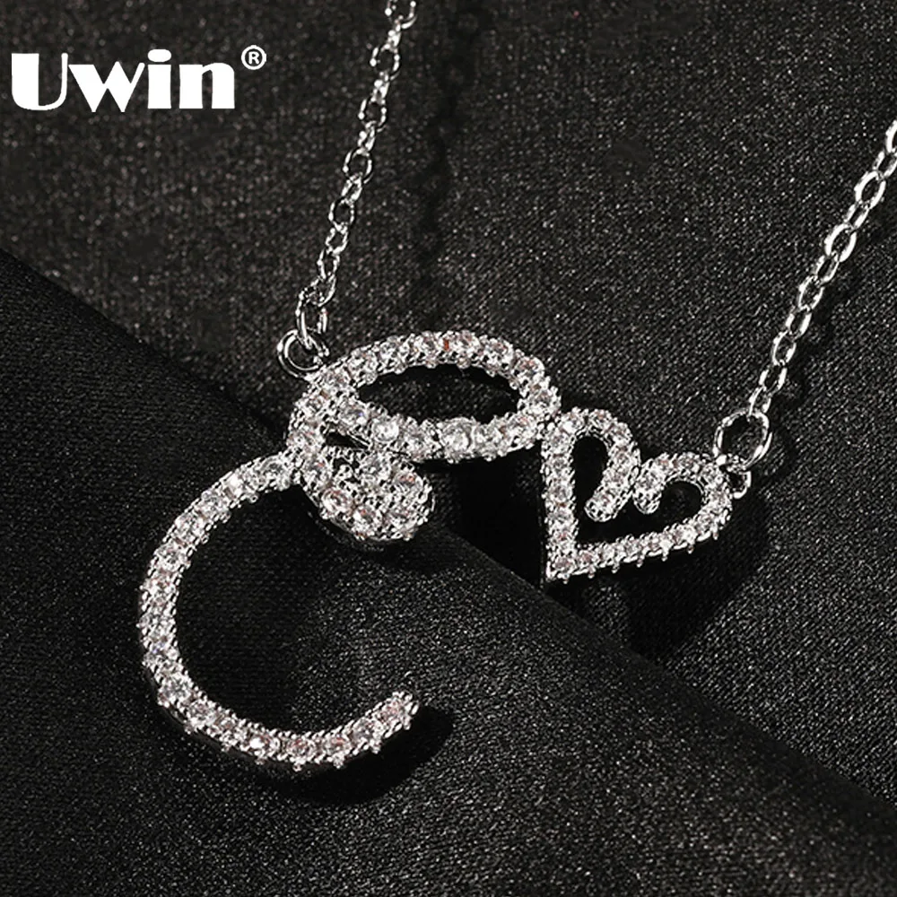 UWIN Initiale kursive Buchstaben mit Herz-Anhänger-Halsketten Iced Out Initial-Halskette Modeschmuck Collier Lettre Image