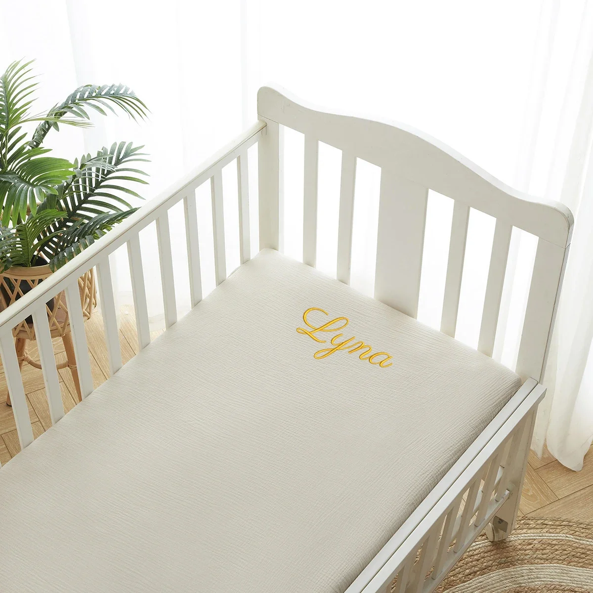 Personal isierte Name bestickte Musselin Kinder bett Bettwäsche für Mädchen und Jungen Baumwolle angepasst Baby Bettlaken für Kinder bett Matratze Bettwäsche-Set Image