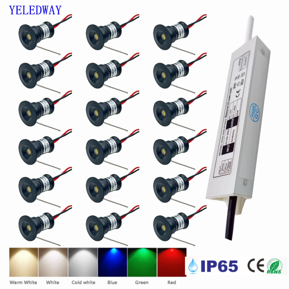 1W Mini-Strahler IP65 15mm Einbaustrahler LED-Leuchten 12V Decken-Downlight Treppenschrank Spots Lampe mit Transformator 110V-220V