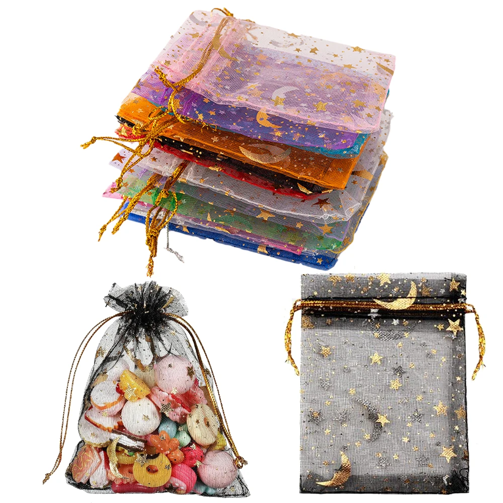 50 stücke Gemischte Farbe Mond Sterne Organza Beutel Schmuck Süßigkeiten Beutel Kordelzug Für Kleine Unternehmen Party Gefälligkeiten Verpackung Liefert Image