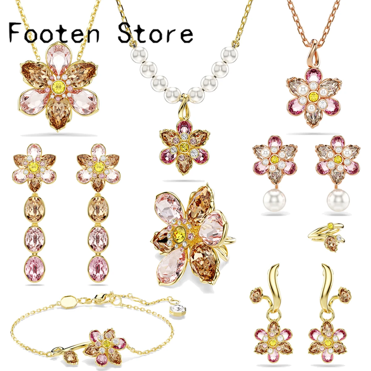 2026 Neuer Trend Feines Party-Schmuckset Charmantes Rosa-Gold Blumen-Kristall Mode Perlen-Halskette Ring Ohrringe Romantisches Geschenk für Frauen Image