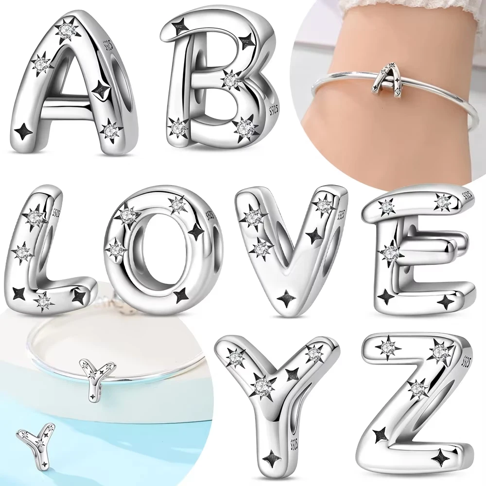 Original 925er Silber, eleganter A-Z-Anhänger mit weißem Zirkon, 26 Buchstaben, passend für Armbänder, Damenschmuck, DIY, Geburtstag, Jahrestag, Geschenk