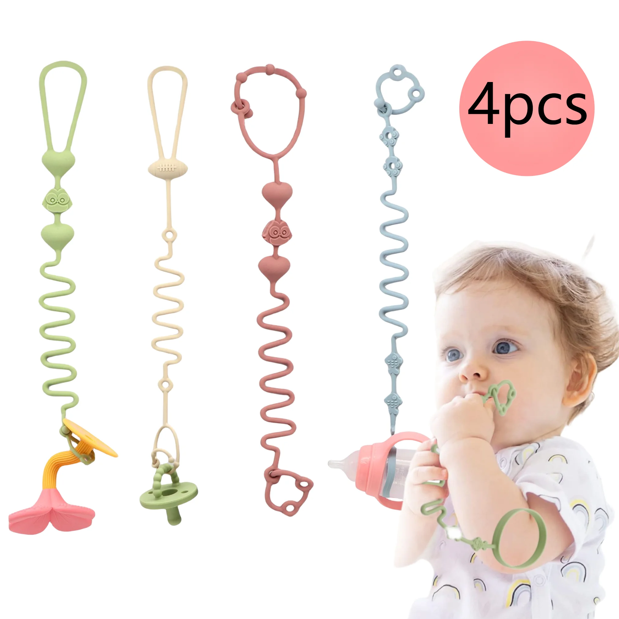 4 Stück verstellbare Silikon-Schnullerkette, Beißring-Spielzeug, geeignet für Hochstuhl, Kinderbett, Baby-Geschenke, Beige Image