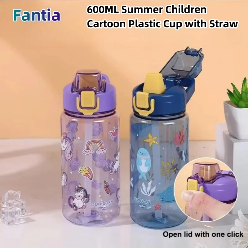 600 ml Cartoon Tier Wasser Flasche Tragbare Sicherheit Lock Nette Stroh Tasse Kinder Auslaufsicher Trinkkrug Für Outdoor Camping reisen Image