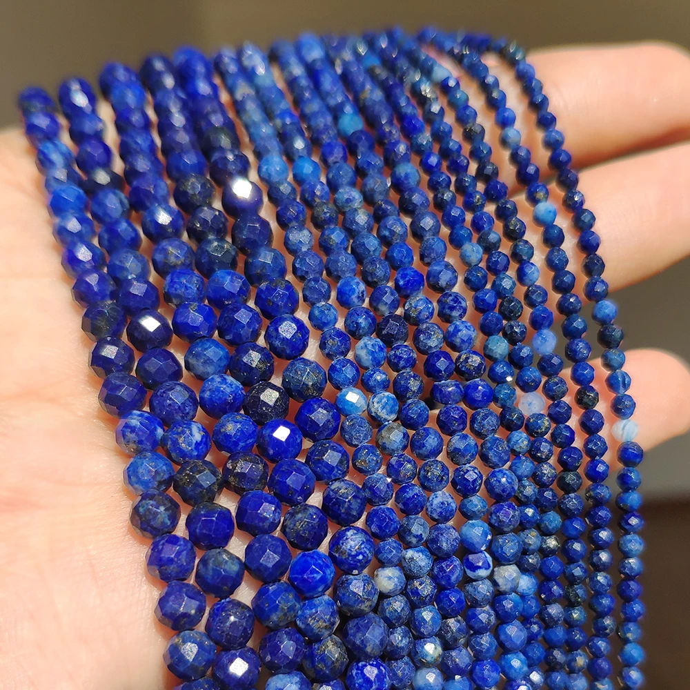 Natürliche Lapislazuli-Perle, facettiert, blauer Stein, rund, lose DIY-Perlen für Schmuckherstellung, handgefertigtes Armband, 38,1 cm, 2/3/4 mm Image