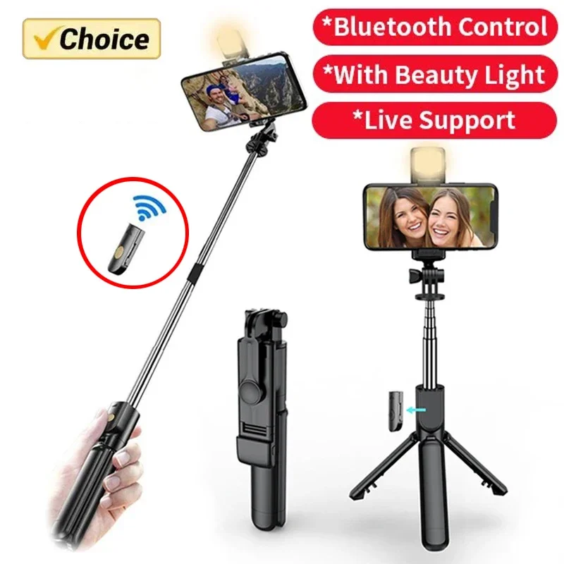 Drahtlose Bluetooth Selfie Stick Stativ Mit Licht Ausziehbar Für iPhone Handy Live-Streaming Fernbedienung Image