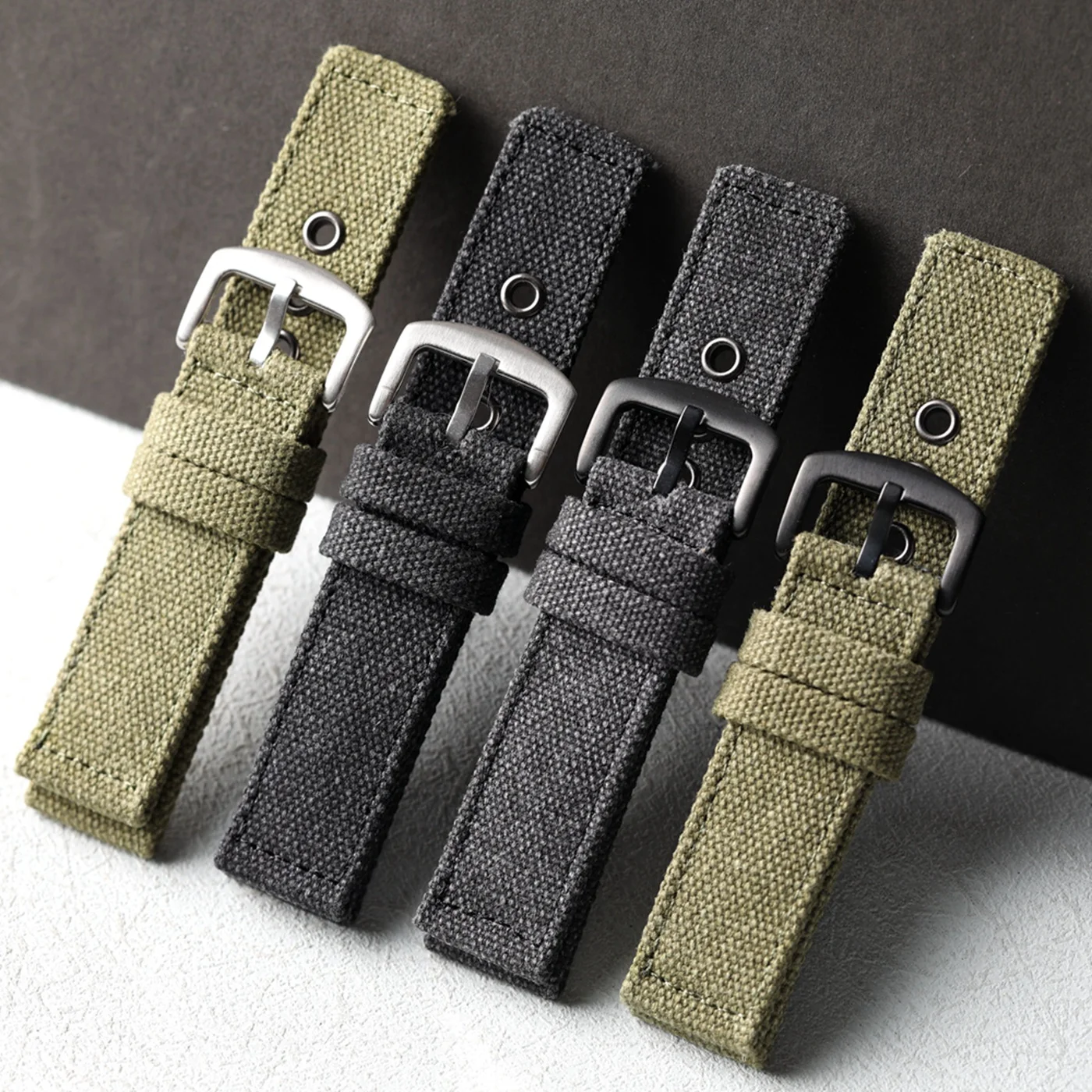 Hochwertiges, langlebiges Retro-Canvas-Armband, 20 22 24 mm, schwarz-grünes doppellagiges, dickes Herrenarmband, geeignet für Bergsteiger-Soldaten Image