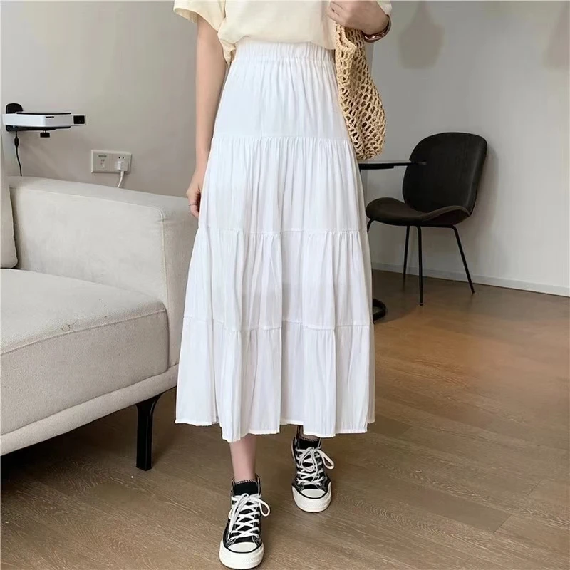 Frühling Sommer Damenröcke Vintage Hohe Taille Elastisch Patchwork Weiß Schwarz Schicker Langer A-Linien-Rock Image