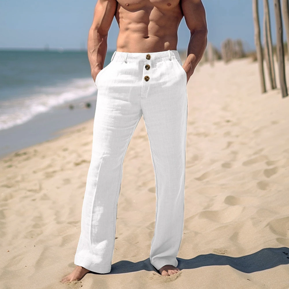 2024 Männer elegante dreifache Knöpfe Baumwolle Leinen hose solide weiße Ganzkörper hose plus Größe Herren lässige Kordel zug Jogging hose