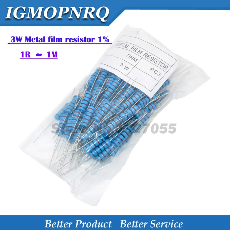 100 stücke 3W Metall film widerstand 1% 0,1 R ~ 2,2 M 1R 10R 22R 47R 100R 330 ohm 1K 4,7 K 10K 22K 47K 100K 330K 470K 2R 10R 22R 47R 100R Image