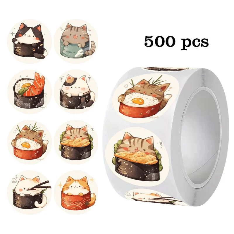 500 Stück runde Katzen-Sushi-Dankeschön-Aufkleber, niedliche Siegeletiketten für DIY-Geschenkverpackungen, Umschläge, Backen von Kuchen, Boxen, Scrapbooking Image
