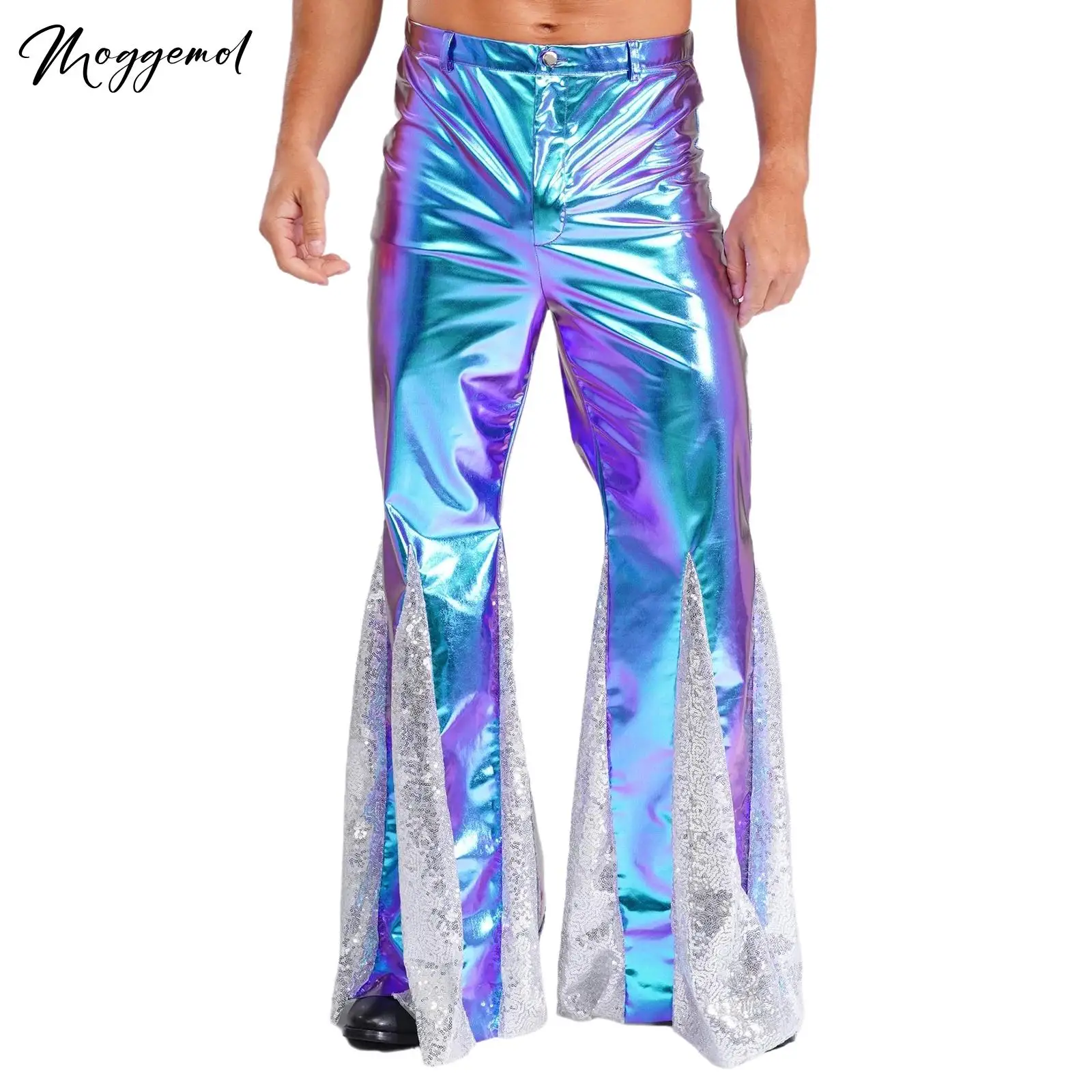 Herren Shiny Metallic 70er Disco Hose Hippie Vintage Kostüm Tanz Rave Nachtclub Pailletten Schlaghose Club Party Schlaghose