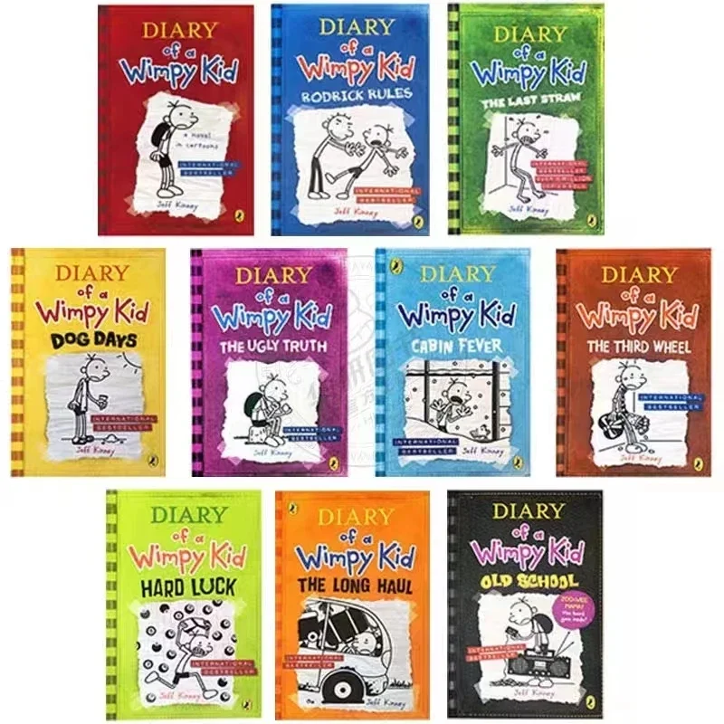 Zufällig ausgewähltes ein Buch „Tagebuch von Wimpy Kid“, englisches Buch, Tagebuch von Wimpy Kid, verpackte Kinder-Fiction-Bücher Image