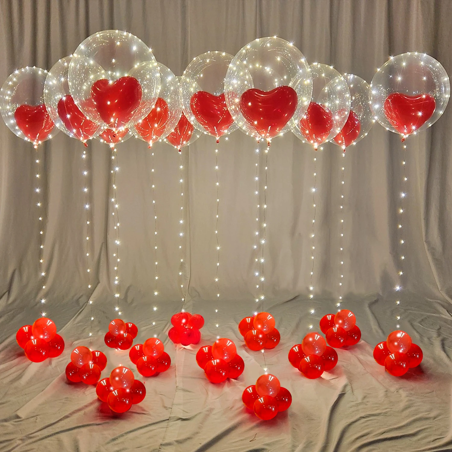 LED-Leuchtkette (ohne Batterie), transparenter Wellenballon, roter herzförmiger Latexballon, leuchtende Partydekoration Image