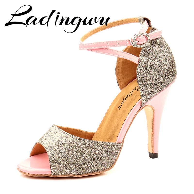 Ladingwu Tango Tanz Schuhe Rosa PU und Grau Glitter Latin Dance Schuhe Für Frauen Salsa Dance Schuhe Outdoor Dance Sandalen