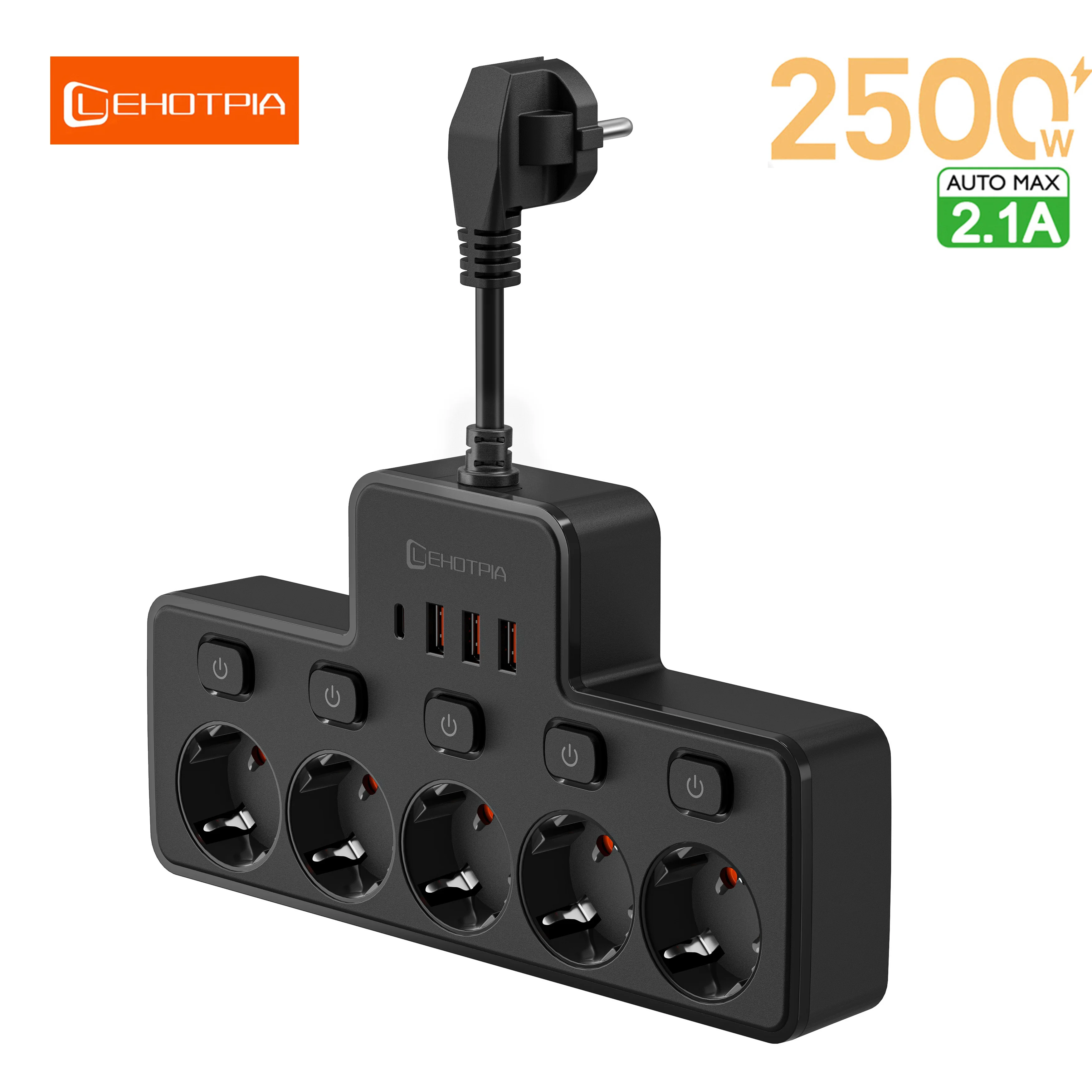 2500 W EU AC Stecker Steckdosenleiste Unabhängiger Schalter Wandmontage Europäischer Standard Steckdose Netzwerkfilter mit USB C-Aufladung Image
