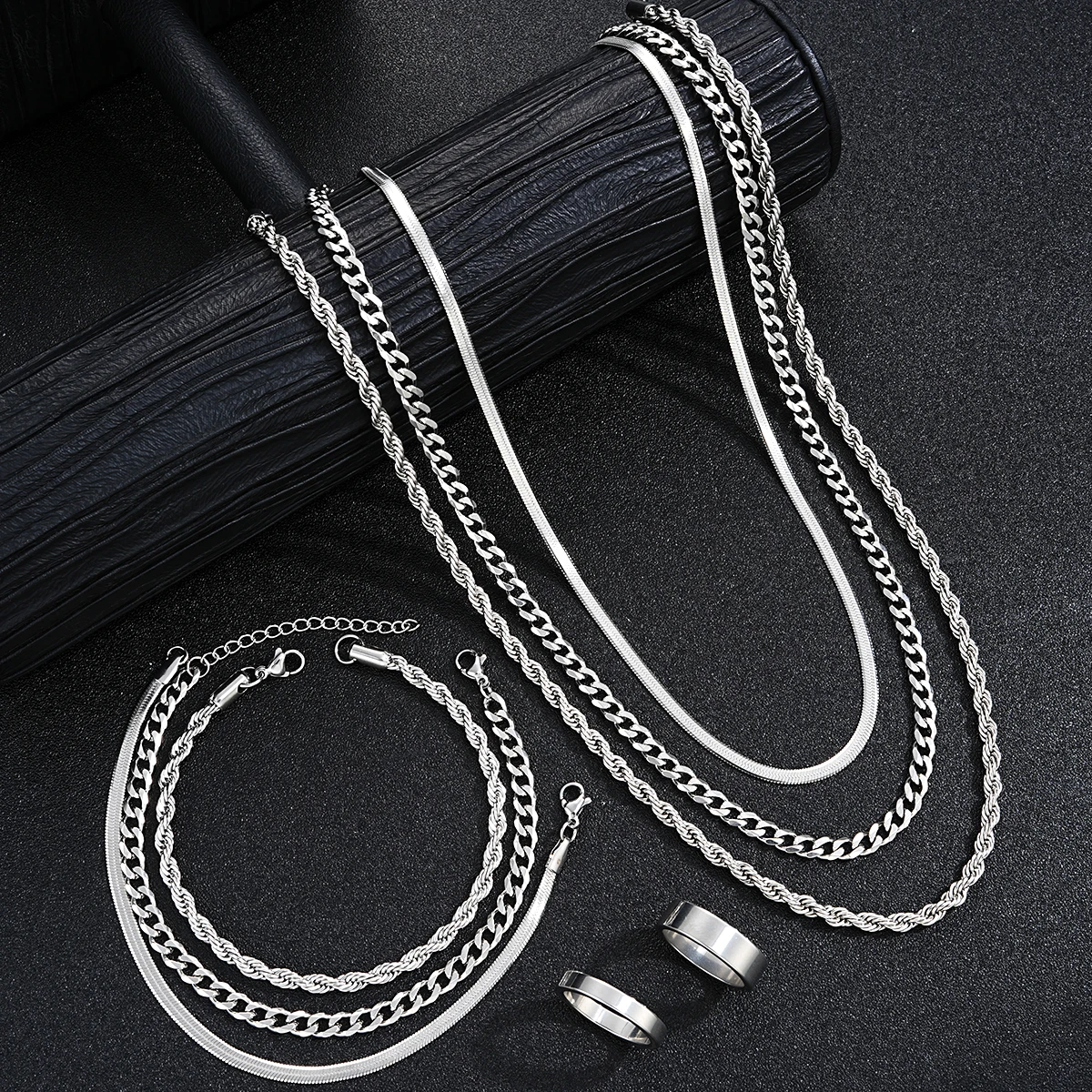 2024 neue Einfache Edelstahl Silber Farbe Schmuck Sets für Männer Unisex Punk Vintage Glatte Ring Halskette Armband Set Geschenke Image