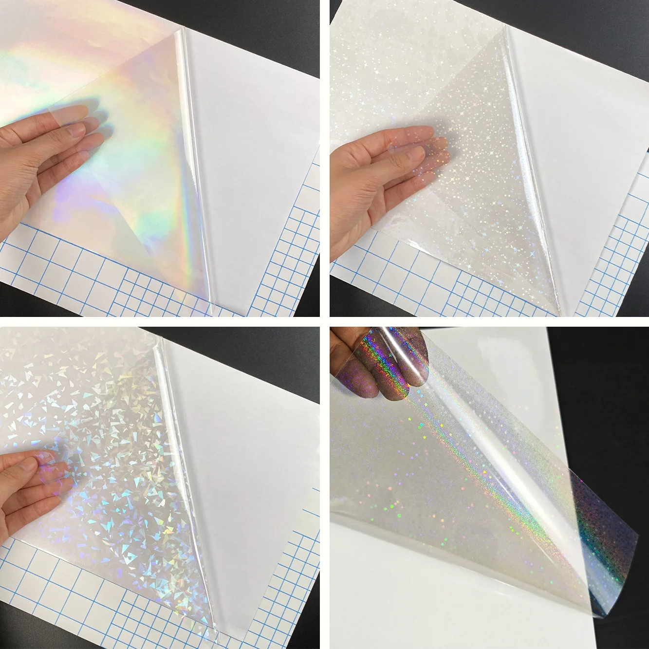 50 Blatt holografische Kaltlaminierfolie im A4-Format, transparenter, selbstklebender Vinyl-Aufkleber, 8,3 x 11,7 Zoll, wasserfest, 4 Stile